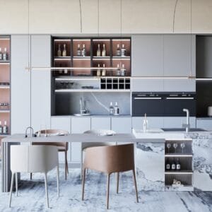 A modern kitchen with marble counter tops and cabinets