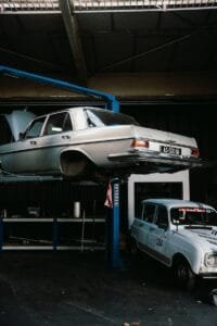 A car being worked on in a garage